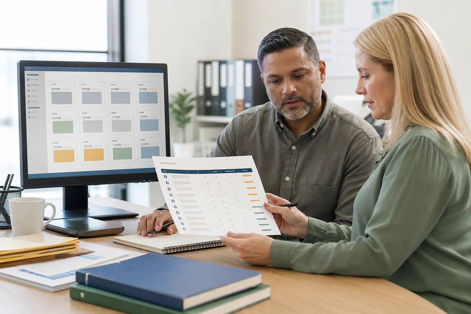 Two administrators review delivery requirements near a course library