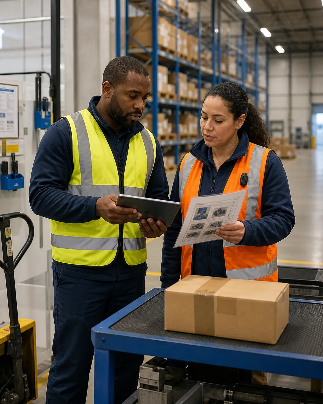 Warehouse workers reviewing a logistics procedure