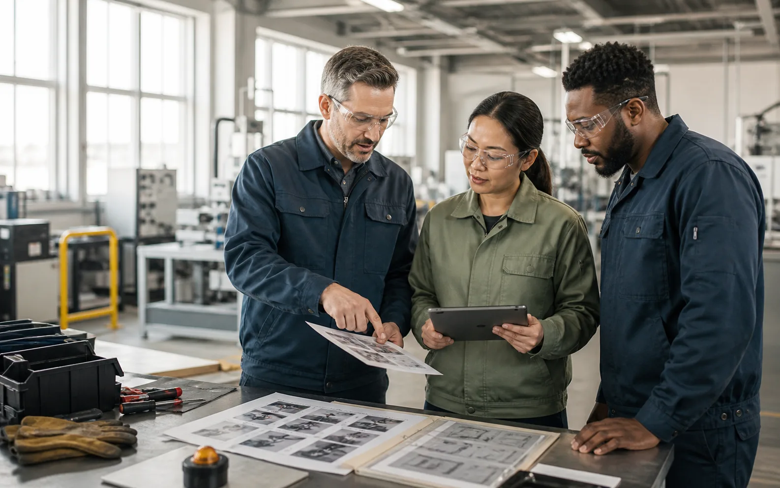 Three manufacturing workers reviewing procedure material together